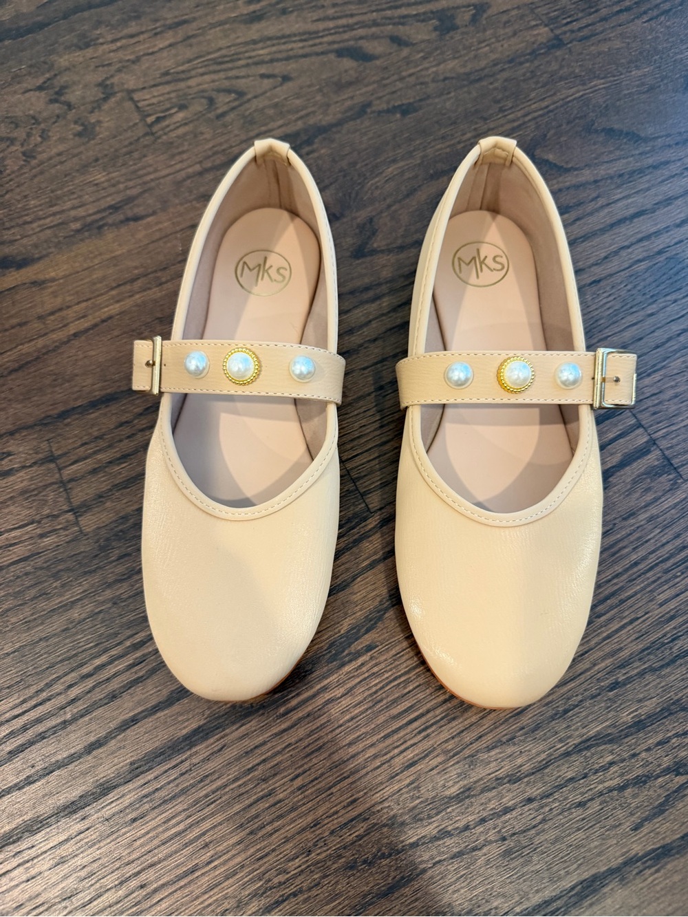 MKS Tan Mary Jane Flats with Pearl & Gold-Accent Strap
